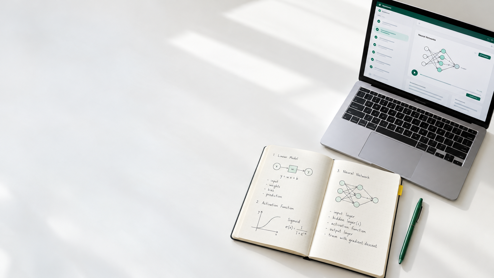 An illustrative study desk with AI learning notes, a green pen, and a laptop.